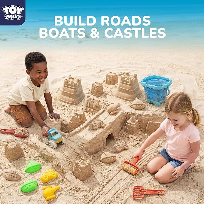 TOY Life Transportation Beach Toys for Kids Ages 3-8, Sand Toys Set with Road Roller, Truck, Vehicle Sand Molds, Collapsible Silicone Bucket, Sand Castle Building Kit for Sandbox Toys Play, Travel