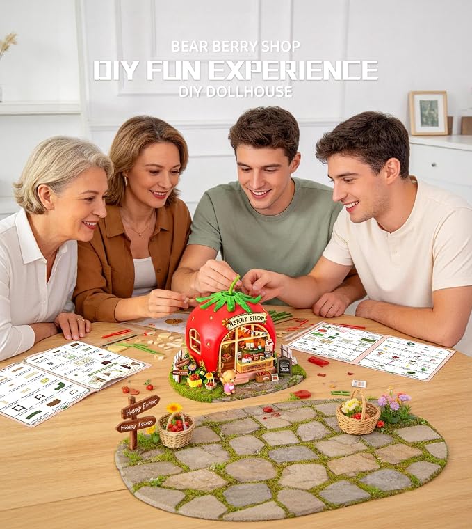 Roroom DIY Miniature House Kit, Bear Berry Shop Book Nook Kit with LED Light,3D Wooden Puzzle Miniature Dollhouse Kit for Bookshelf Decor-Creative Crafts for Family and Friends