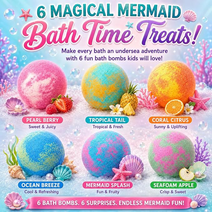 Bath Bombs for Kids with Surprise Inside, Mermaid Bath Bombs for Girls with Jewelry & Jewelry Box for Kids Organic, Skin Moisturizing, Natural Bubble, Birthday Gifts for Boys, Girls