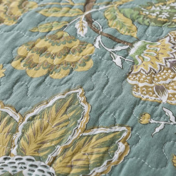 NEWLAKE Bedspread Quilt Sets-Reversible Patchwork Coverlet Set, Green Floral Pattern, King Size