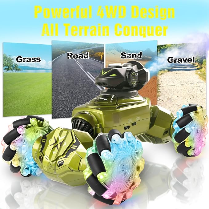 Gesture Sensing Remote Control Car, RC Cars Toys for Boys Age 6-12, 4WD Hand Controlled Twist & Transform 360° Spins Stunt Car with Mist, Light & Music, 8-10 Year Old Boys Birthday Gift Green
