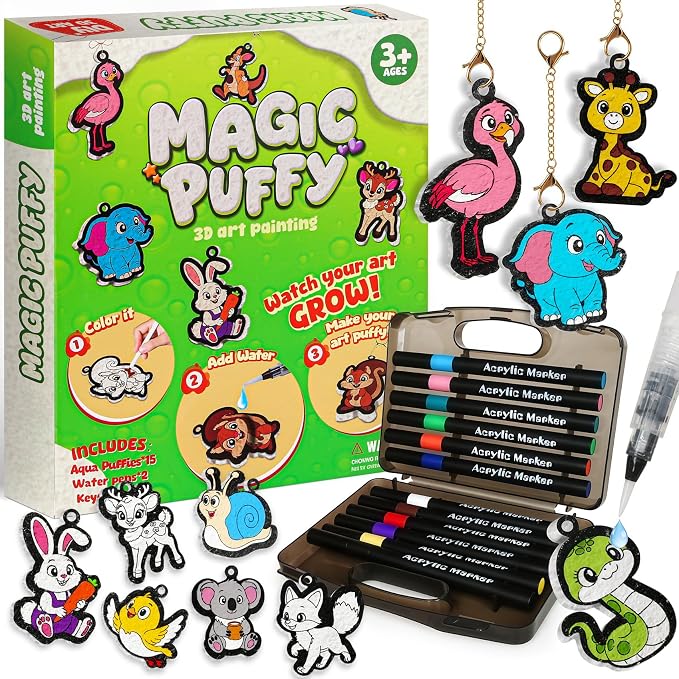 CZTCDP 3D Art Kit, 15 Pcs Magic Foam Texture Painting Animals Craft Kit, Mess-Free DIY Coloring Activity for Kids, Screen-Free Birthday Christmas Gift for Boys Girls Ages 3 4 5 6 7 8 9 10
