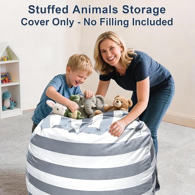 Lukeight Stuffed Animals Storage Bean Bag Chair Cover for Kids and Toddlers, Cozy Velvet Plush Toy Organizer Seat, Cover Only, No Filling Included, Long YKK Zipper, Side Pocket, Large 27 x 16 in