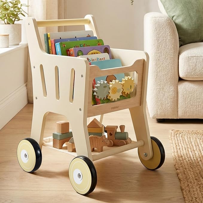 Pithfor Wooden Shopping Cart for Kids, 3 in 1 Wooden Baby Push Walker, Baby Doll Stroller, Toy Shopping Cart for Toddlers 1-3