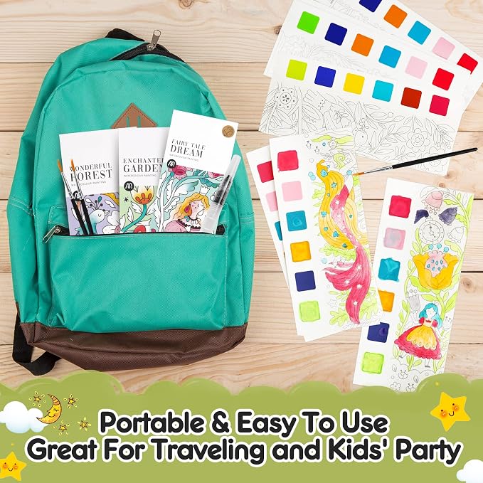 3pack Watercolor Painting Coloring Books, Paint with Water Arts & Crafts Kit for Kids, Pocket Watercolor Paint Bookmarks, Travel Activities Art Supplies Party Favors Birthday Gift for Boys and Girls