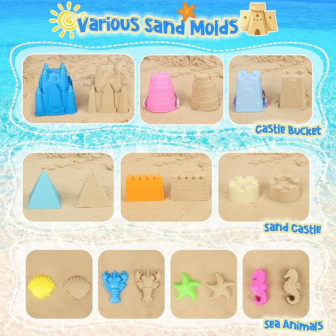 FUSPWEAO Beach Sand Toys, Sand Castle Toys with Castle Bucket, Creative Molds, Shovel and Rake, Sandbox Play Set for Kids Ages 3-12, Outdoor Summer Beach Essentials for Building & Playing