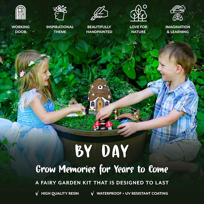 WILD PIXY Fairy Garden Kit - 13 Piece Glow in the Dark Decorative Accessories with 7.1" Outdoor Fairy House with Opening Door and Solar LED Light, Garden Door for Trees, Stones, Indoor/Outdoor Decor