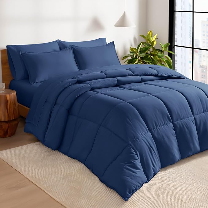 Bare Home Bed-in-A-Bag 7 Piece Comforter & Sheet Set - Full XL - Goose Down Alternative - Ultra-Soft 1800 Premium Bed Set (Full XL, Dark Blue/Dark Blue)