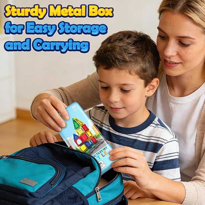 ORZbb Mini Magnetic Tiles Road with Case Toddler Travel Toys Trip Essentials Set, Magnetic Building Blocks Toys for 3 4 5+ Year Old Boys Girls Montessori Sensory Learning Easter Birthday Gifts