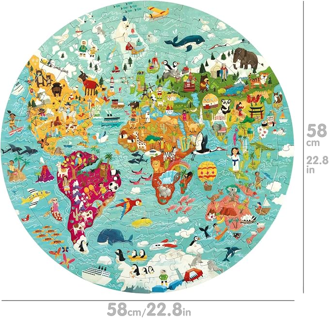 boppi World Map Round Jigsaw Puzzle with 100% Recycled Card 150 Pieces with Animals for Children 5 6 7 8 Years 58cm Diameter