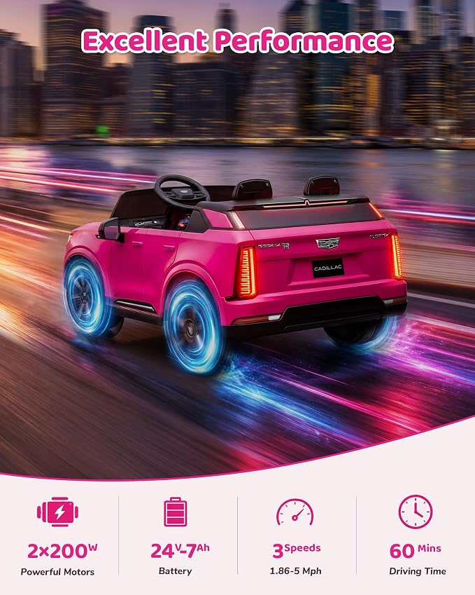Firstness 2 Seater Ride on Car for Kids 24V Licensed Cadillac Escalade IQ Powered Wheels with Remote Control 400W Electric Ride on Toy with 3 Speed Light Music 7AH Battery Car for Kids Ages 3-8, Pink