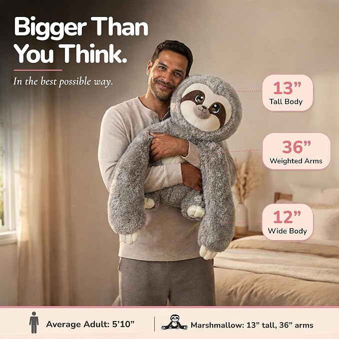 Huggle Healers Weighted Stuffed Animals for Adults, Teens and Kids - 36 Inch Long Plush Arms for Hugs - 4.5lb Sloth Stuffed Animal Plushies - Marshmallow Sloth