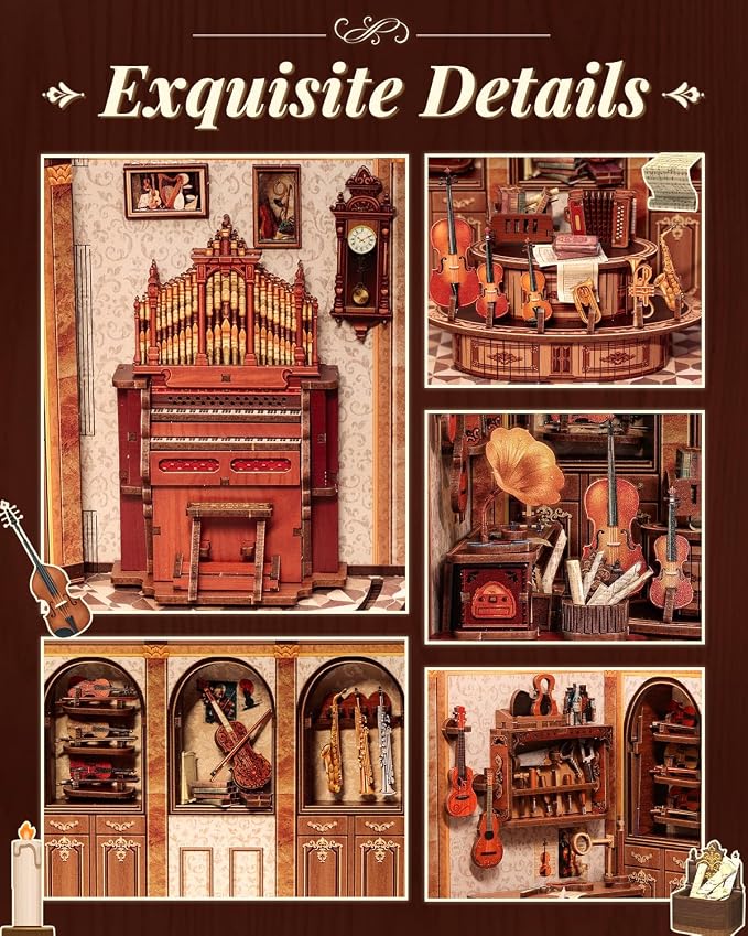 Book Nook Kit, DIY Miniature Music Workshop-Themed, 3D Wooden Puzzle Dollhouse with LED Lights, Bookend & Creative Bookshelf Decor, Craft Gifts for Family and Friends & Music Lovers (Bach Strings)