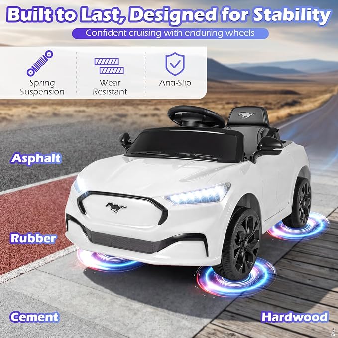 Costzon Ride on Car, 12V Licensed Ford Mach E Kids Electric Vehicle with Parent Control, LED Lights, Horn, Music, Wireless Connection & Spring Suspension, Kids Car Toy for Girls Boys (White)