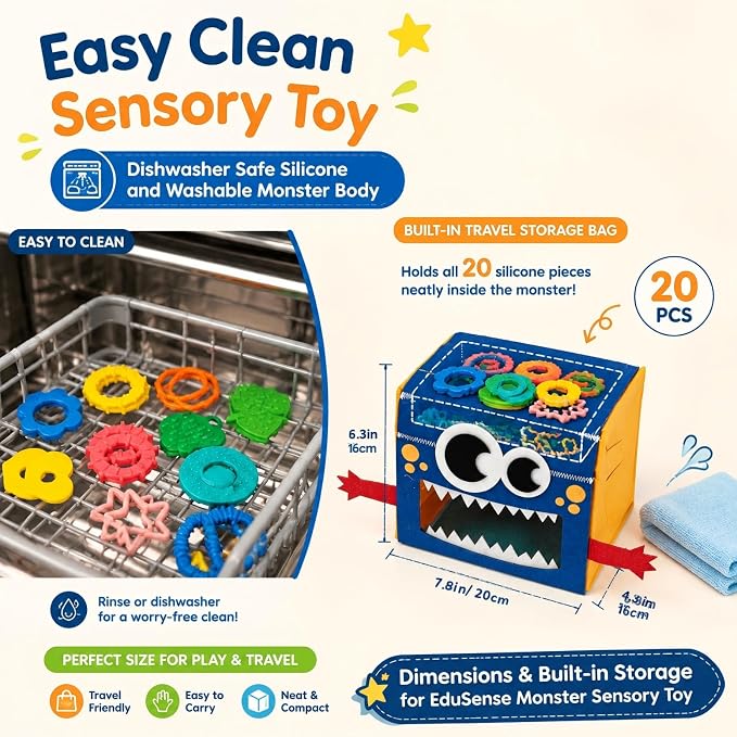 edusense Monster Feed Me Sensory Shape Sorter — 20 Washable Silicone Shapes | Fine Motor Feeding Toy for Toddlers 3+ | Occupational Therapist Designed Sensory Play for Home & Classroom
