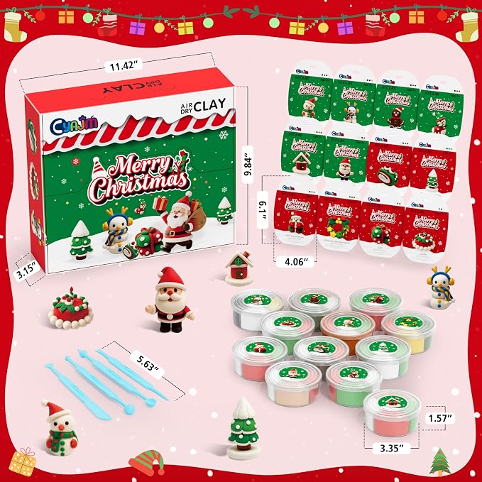CyaJm Air Dry Clay Christmas Kit - 12 Festive Themed Individual Clay Packs, Non-Toxic Ultra-Light Air Drying Modeling Clay with Tools & Guide, DIY Holiday Craft Gift for Kids Boys Girls Ages 3+