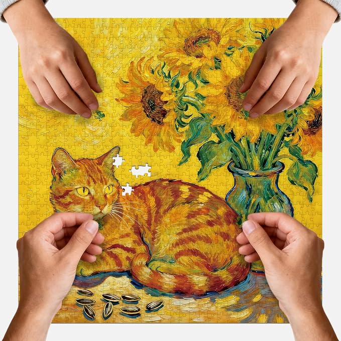 Adult Puzzles Kitten Jigsaw Puzzle 1024 Pieces with Letters on Back | Impossible Puzzle Cat and Sunflower Family Decoration Gift for Valentine Friends Parents（23.86 x 23.86 inches）