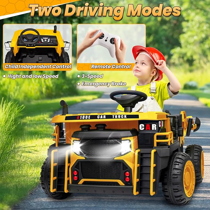 JOYRACER 24V 2 Seater Ride on Dump Truck w/400W Motors, Kids Ride On Car w/20'' Seat, Parent Remote, Electric Construction Vehicle w/Dump Bed & Shovel, 5Mph Max, Power Car Wheelers for Kids, Yellow