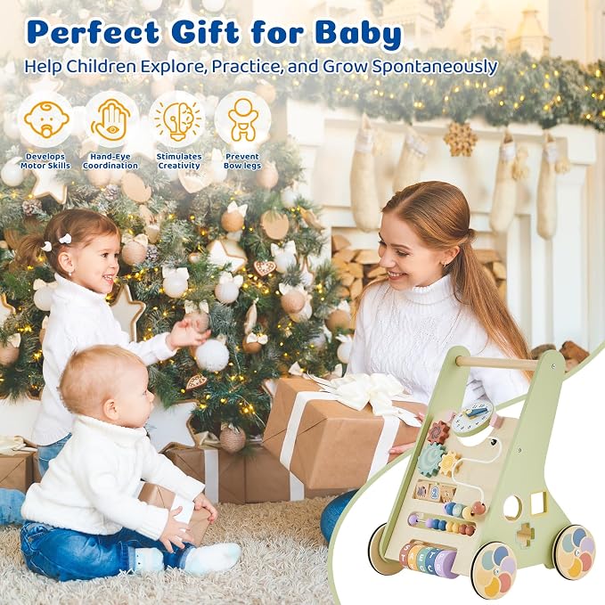Wooden Baby Push Walker, Montessori Activity Walker for Babies 12-18 Months | Adjustable-speed wooden baby push walker with Montessori activities, storage box, and safe rubber wheels.