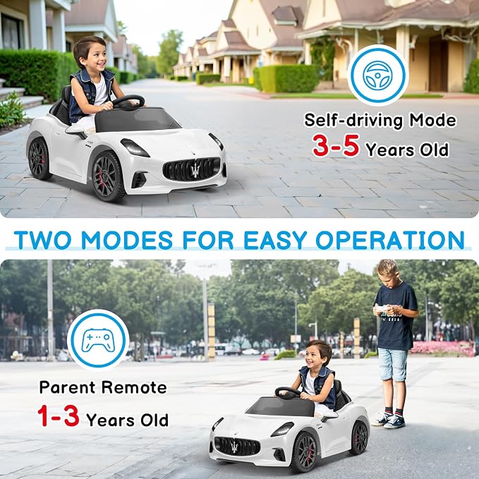 Winado 12V Ride on Car, Licensed Maserati Electric Car for Toddlers W/Remote Control, Battery Car for Kids with Bluetooth, 3 Speeds, LED & Rear Lights, Music & Horn (White)