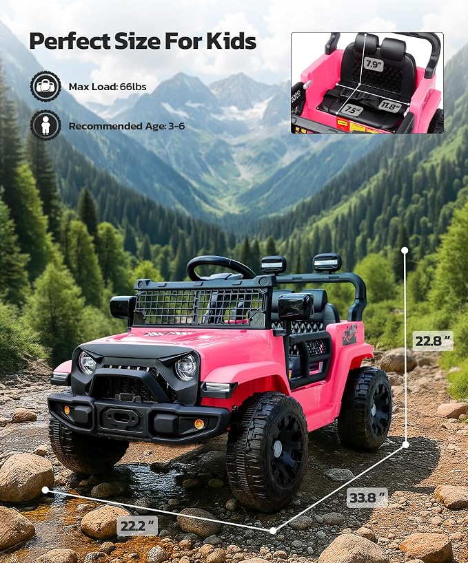 ELEMARA 12V Ride on Toys, Electric Vehicles for Kids w/3 Speeds, 3.5 mph Max, Ride on Car with Remote Control, Motorized Truck, Toddler Electric Car w/Bluetooth, LED Lights,Shock Absorbers-Light Pink