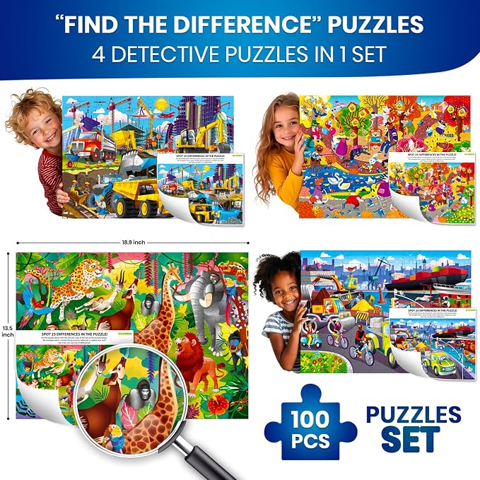 QUOKKA 100 Piece Puzzles for Kids Ages 4-6 – 4 Jigsaw Puzzles for Kids Ages 6-8 – Search and Find Animals and Construction Vehicles for Children 5-8 – Educational Learning Toy for Boys and Girls 8-10