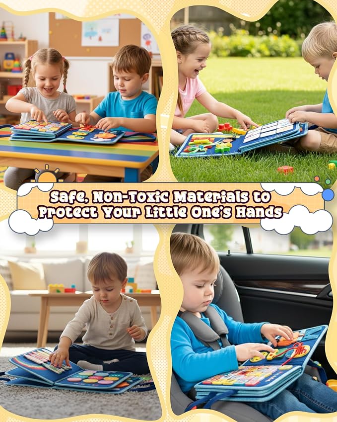 Dinosaur Busy Board for Toddlers, 8-Page Blue Sensory Activity Book with Buckles & Zippers, Montessori Learning Toy for Fine Motor Skills, Screen-Free Airplane Travel Toy for Boys