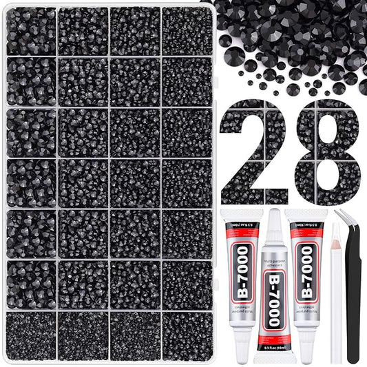 30000Pcs Resin Rhinestones for Bedazzling with Tweezers, Black Rhinestones for Crafting with 3Pcs 10ml B7000 Jewelry Glue for DIY Crafts Clothing Tumblers Shoes Fabric Nail Art
