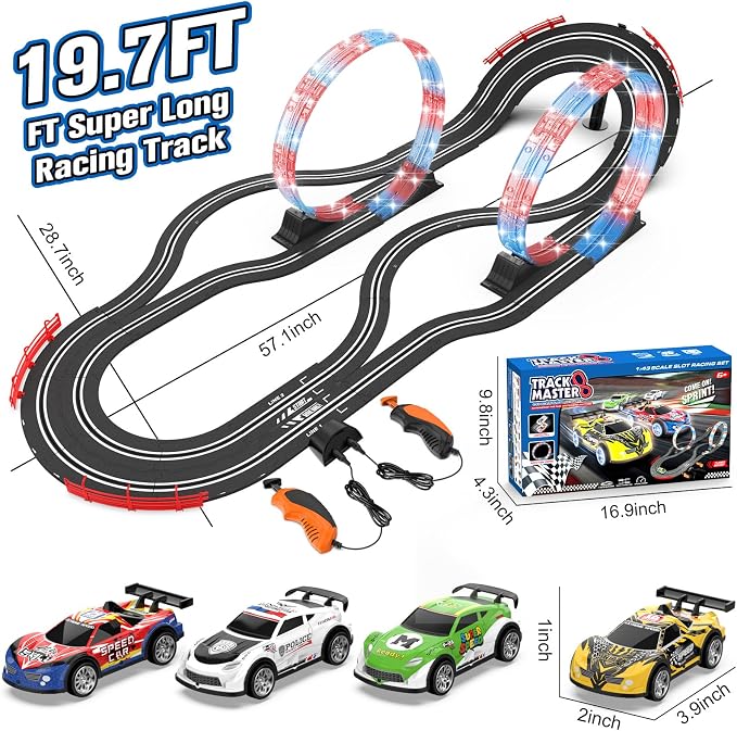 2-in-1 Slot Car Race Track Sets with 4 High-Speed Cars, Electric Track, Dual Racing Game with 2 Controllers, Circular Overpass Design Featuring Flash Tracks. Toy Gift for Boys Kids Ages 4-6 6-8 8-12