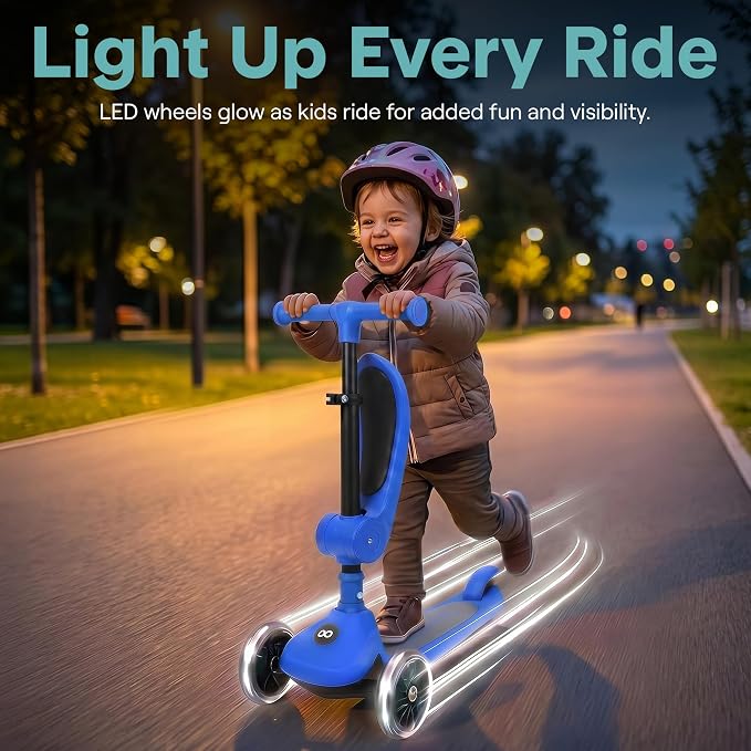 SereneLife 3 Wheel Scooter for Toddlers & Kids, Foldable Seat, LED Wheels, Adjustable Handlebar, Anti-Slip Deck, Rear Foot Brake, Lean-to-Steer, Kid Scooter Ages 18M–7Y, Supports up to 110 lbs., Blue