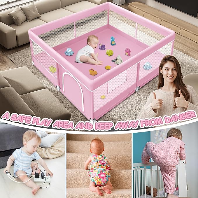 XVISHX Baby Playpen 50 x 50 Inch Play Pen Playards, Playpen for Babies and Toddlers, Baby Playard for Indoor & Outdoor Active Center Game Fence, with Skin-Friendly Fabric and Soft Breathable Mesh Pink