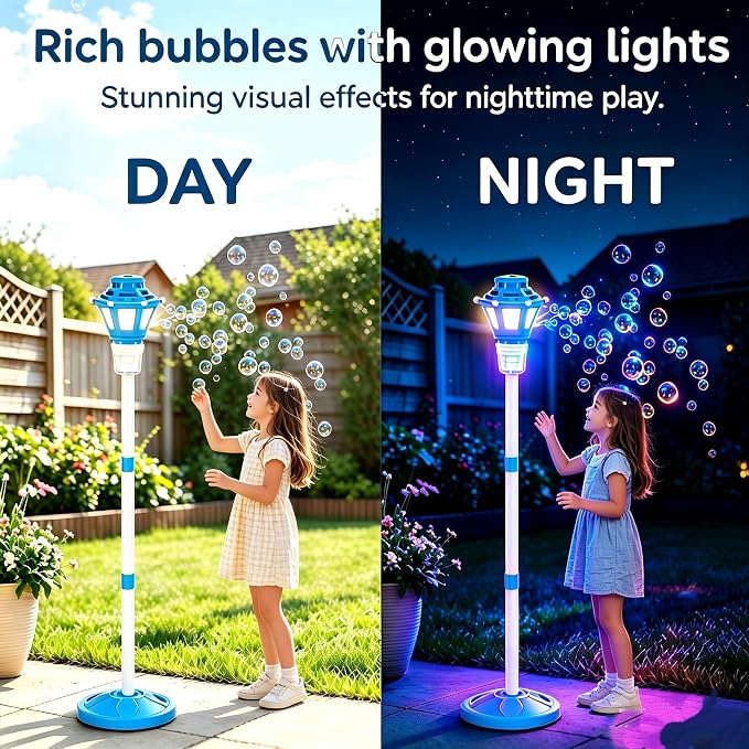 Bubble Machine for Kids Toddlers - Rechargeable Automatic Bubble Machine with Lights, Bubble Blower with Adjustable Stand up to 47 Inch for Backyard Games, Birthday Party, Outdoor Play
