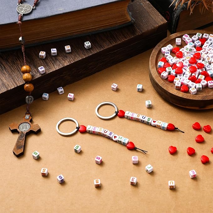 Ferreve 36 Sets Jesus Loves Me Beads Key Chain Crafts Kit for Kids Religious DIY Keychain Bulk Inspirational Letter Heart Shape Beads Key Ring for Jewelry Making VBS Week Sunday School Christian Gifts
