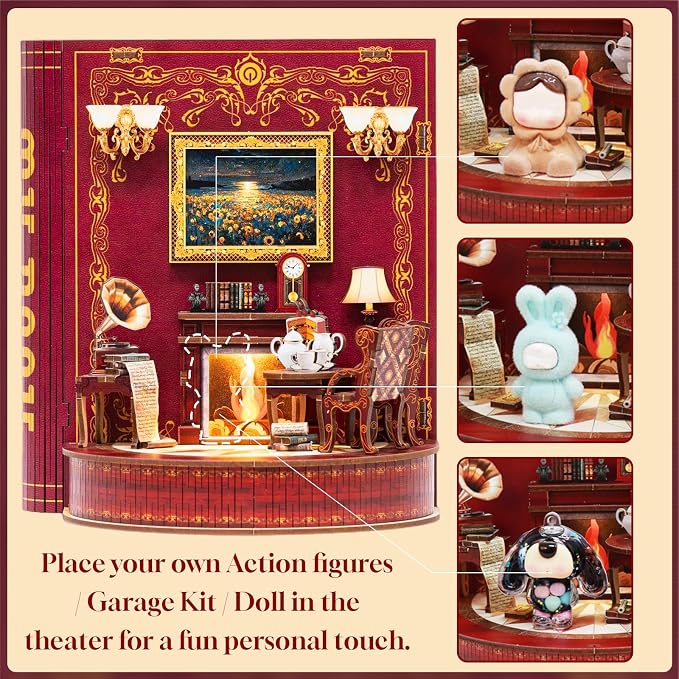 DIY Miniature House Kit,Tiny House Corner Kit Book Nook Kit for Adults,Wooden Puzzle with LED, Halloween/Christmas/Birthday Gifts for Family/Friends,Book Theater