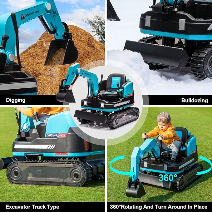 JOYLDIAS 360 Degree Rotating Ride On Excavator and Bulldozer,12V12AH Battery Powered Ride On Toy Backhoe W/Track Design Wheels for All Terrain,Remote Control,MP3,Toolbox for Kids,Parent,Blue