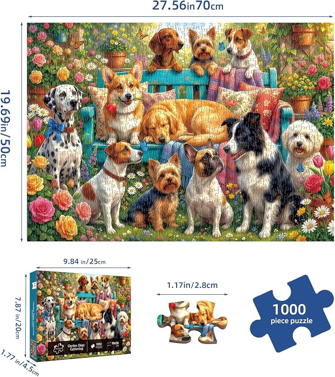 Garden Dogs Gathering Puzzles for Adults 1000 Pieces,Impossible Challenging Jigsaw Puzzles for Adults,Colorful Floral Puppy Party Art,Friends Family Activity Game Nights Gifts(27.6" x 19.7")