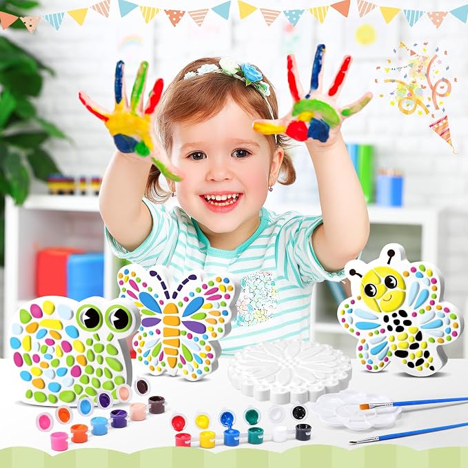 6 Pack Stepping Stone Ceramic Kit for Kids Paint Your Own Plaster Stones Arts and Crafts Handprint Garden and Summer DIY Craft Pottery Outdoor Painting Gifts for Kids Ages 4-12