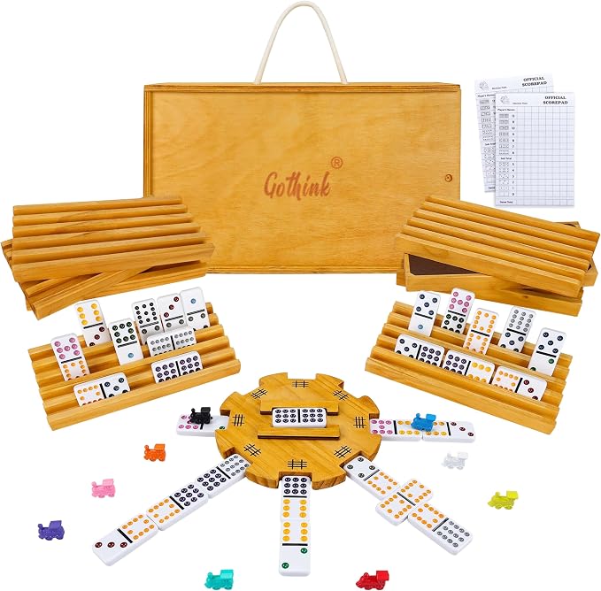 GOTHINK Double 12 Mexican Train Dominoes Set in Wooden Carry Case, Colored Dots Domino Set for Adults Kids and Family, Included 91 Tiles, 9 Trains, Wooden Hub, 8 Holders, 2 Scorepad in Vintage Box