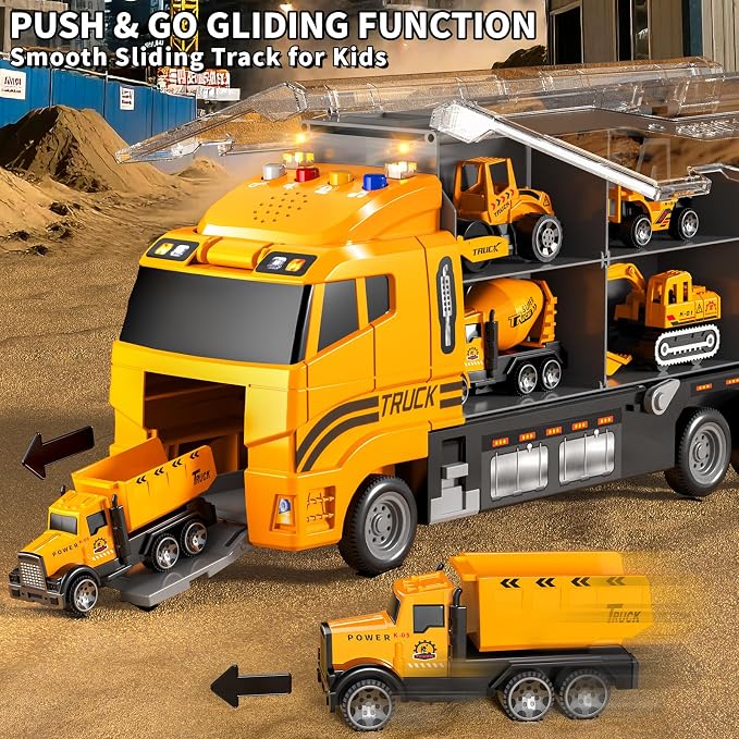 3-5 Year Old Boys Construction Truck Toy Set,6 Die-Cast Mini Toy Cars with Play Mat, Light & Sound Features, Easy Storage,Indoor & Outdoor Play Toys, Birthday Gifts for Boys Girls Kids Ages 3‑8