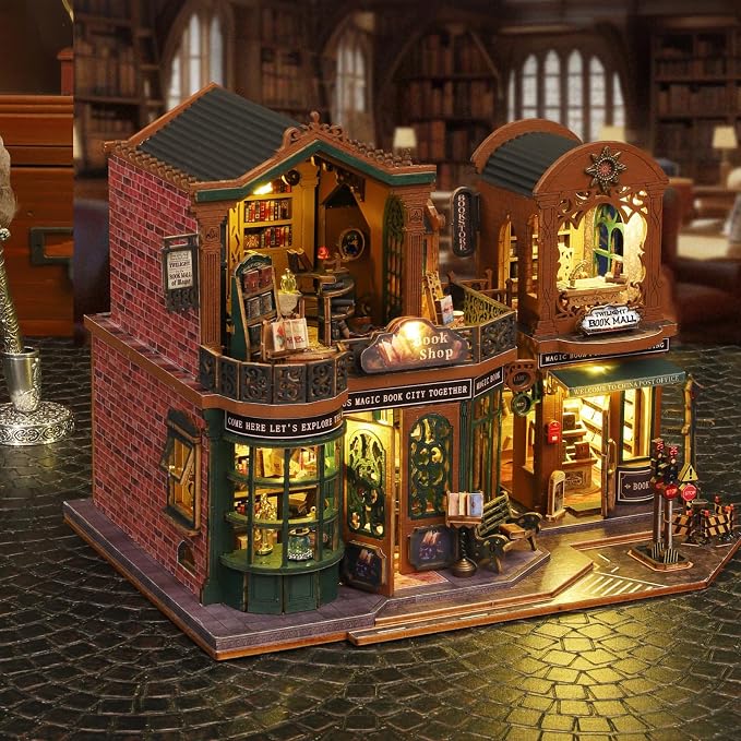 Plustopoy DIY Miniature House Kit for Adults, Mini Wooden Dollhouse Kit, Book Shop Tiny House Diorama Building Kits with Light, 3D Wooden Puzzles Bookend Shelf Insert Decor, Creative Craft