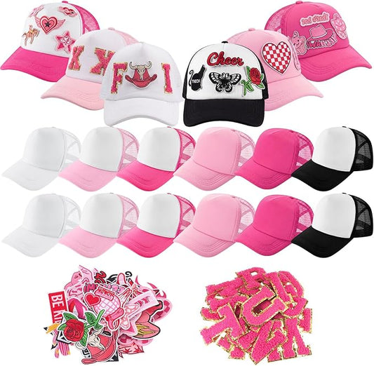 Hercicy DIY Trucker Hats Kit, 12 Pack Sublimation Blank Baseball Caps with Embroidered Patches DIY Craft for Party(Western Cowgirl,Pink Aesthetic Mix)