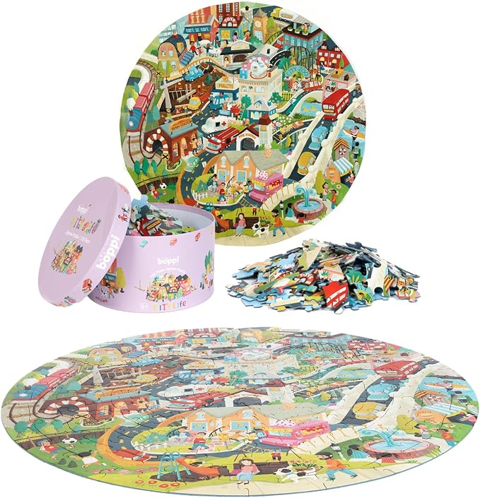 boppi Round 150 Piece Jigsaw Puzzle for Kids Aged 5-8 | Educational City Life Puzzle with Buildings, Vehicles & People | Eco-Friendly Recycled Cardboard