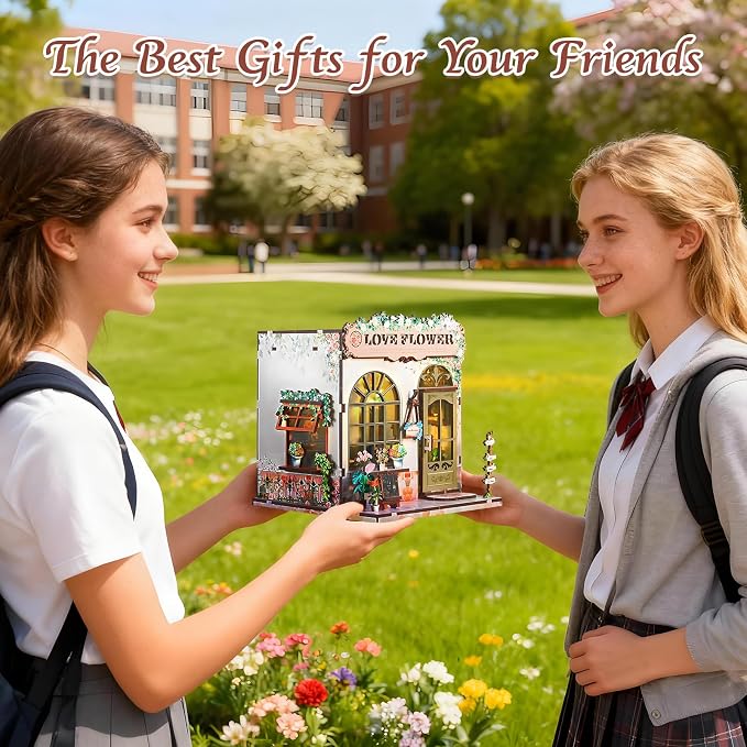 DIY Miniature House Kit, Flower Shop Book Nook Kit, Mini House Building Kit, Miniature Dollhouse Kit for Adults and Teens, 3D Wooden Puzzles with LED Light, Bookshelf Craft Kit for Family and Friends
