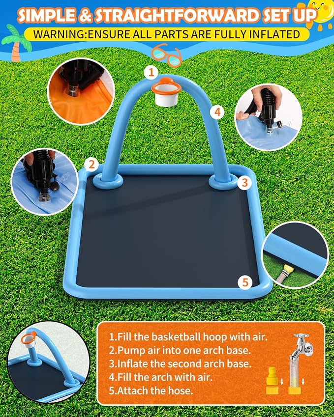 Splash Pad for Kids & Dogs, 110'' Large Sprinkler Pad Water Toys with Basketball Hoop, Thickened Non-Slip Splash Mat, Foldable Play Pool & Outdoor Summer Toys Ages 4-12 (110" Splash Pad)