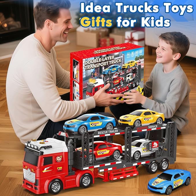 BainGesk Truck Toys Car for 3, 4, 5, 6, 8 Years Old Boys Girls, Adjustable Double Decker Car Carrier Truck with Light & Sound, Car Hauler with Trailer Toy, Large Semi Transport Toy Gifts for Toddler