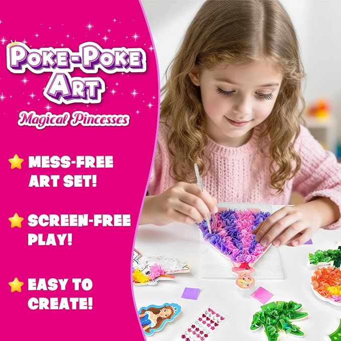 AGENTLAN Poke Art Princess & Unicorn Kit, Mess-Free Craft Set for Girls | Princess & unicorn designs, pre-cut fabric squares, poke craft activity, screen-free toy, birthday gift for girls ages 3-8