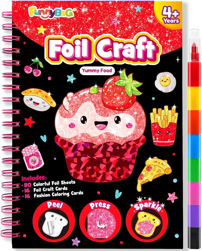 FUNNYB&G Foil Art Craft Kit for Girls 4-10 Years Old: Mess-Free & No-Glue, Create 16 Sparkly Food Pictures – Perfect Travel Toy & Birthday Gift for Kids (Food)