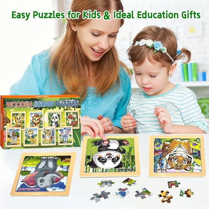 Wooden Animals Puzzles for Toddlers, 8 Pack 9 PCS Jigsaw Puzzles for Kids, Wooden Puzzles for Toddlers 3-5, Animal Puzzles for Kids 3-5, Preschool Puzzles Learning Educational Sets Toys