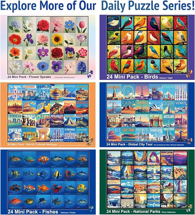 rokt&razo, World Heritage, 24 Mini Pack Jigsaw Puzzles, 1000 Pieces Daily Challenge Pack with Reference Poster, Advent Calendar, Family Game Nights, Finish Size 27.5 * 19.7 in (Index on the Back)