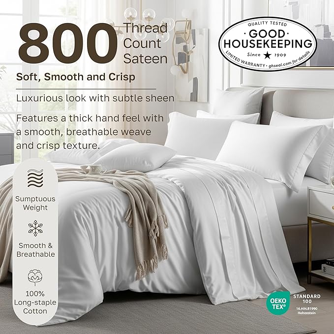 California Design Den Queen Sheets Set - Soft 800 Thread Count Sateen, 100% Cotton Bed Sheets Set with Deep Pockets, Durable Bedding - True Ivory